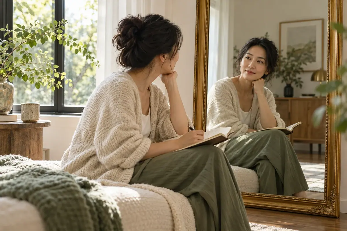 女性在镜前进行自我对话的情境画面